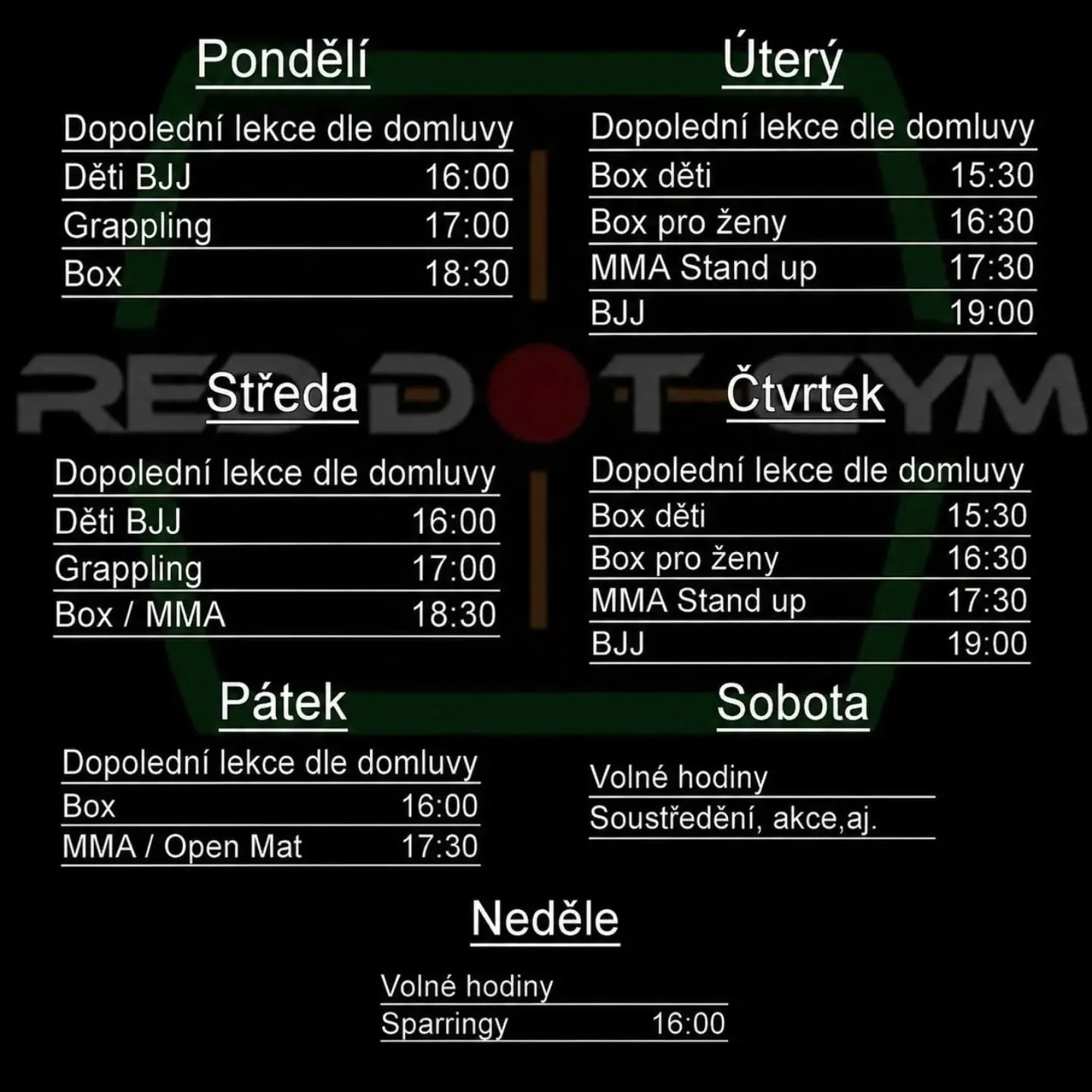 Nový rozvrh platný od 7.9.26.
Změna se týká Boxu děti od 15:30 a 
Boxu pro holky od 16:30

#reddotgym #mladaboleslav #trainingfightingeveryday #boxing #BJJ